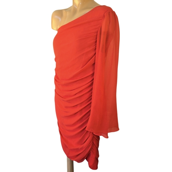 LAUNDRY By DESIGN One Shoulder Flowy Sleeve Ruched Crepe RedOrange Dress Size 10 - Picture 1 of 15